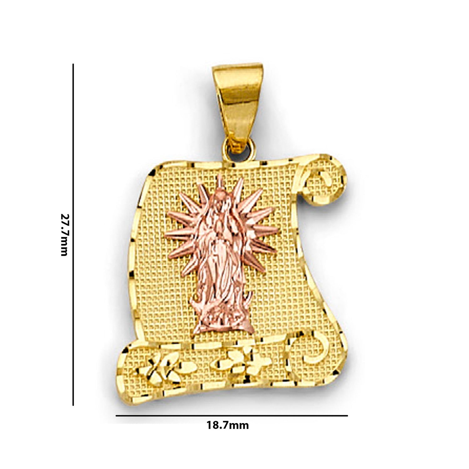 Two Tone Gold Religious Virgin Mary Scroll Pendant  with Measurement