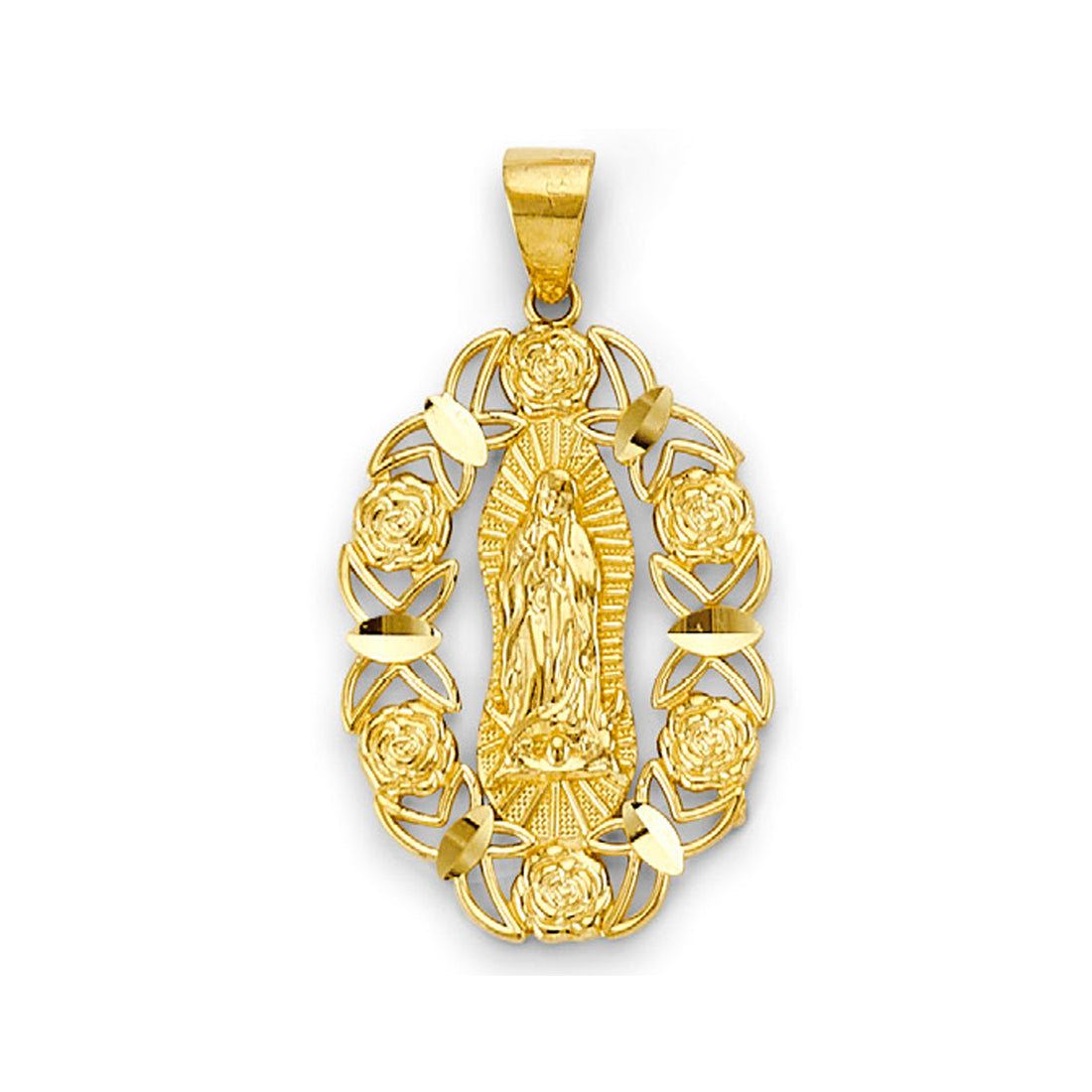 Yellow Gold Oval Floral Virgin Mary Pendant