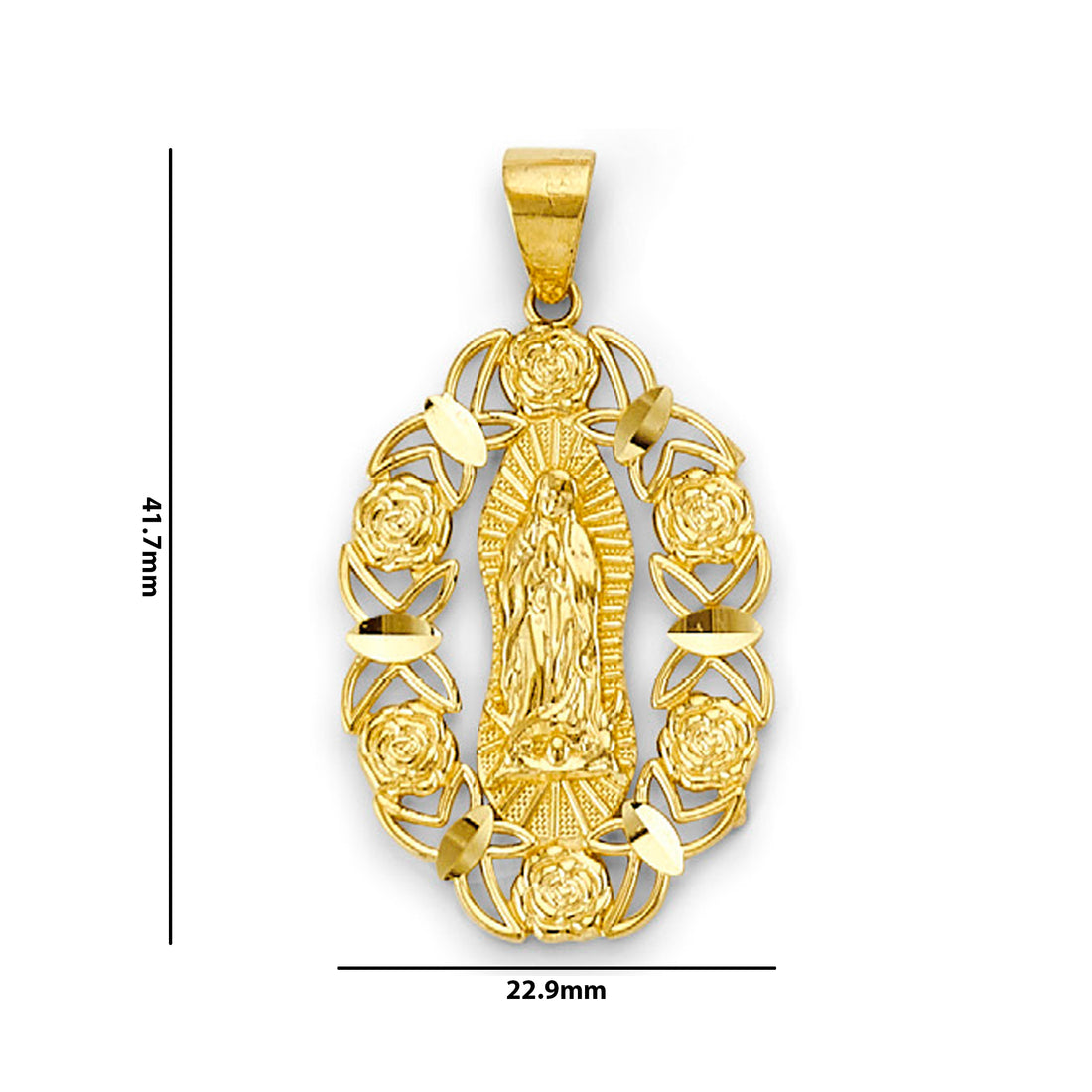 Yellow Gold Oval Floral Virgin Mary Pendant with Measurement