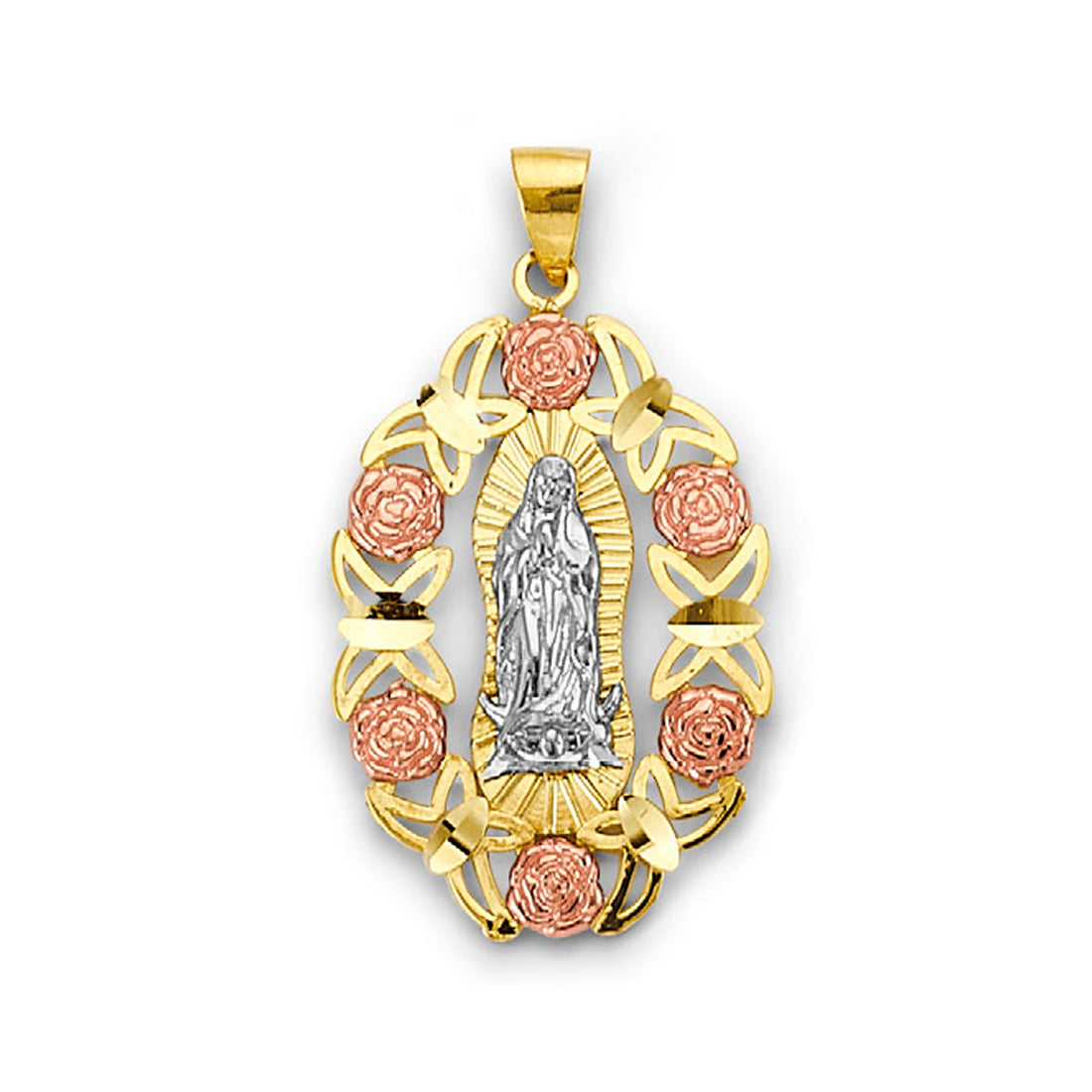 Tri Tone Floral Outline Open Virgin Mary Pendant