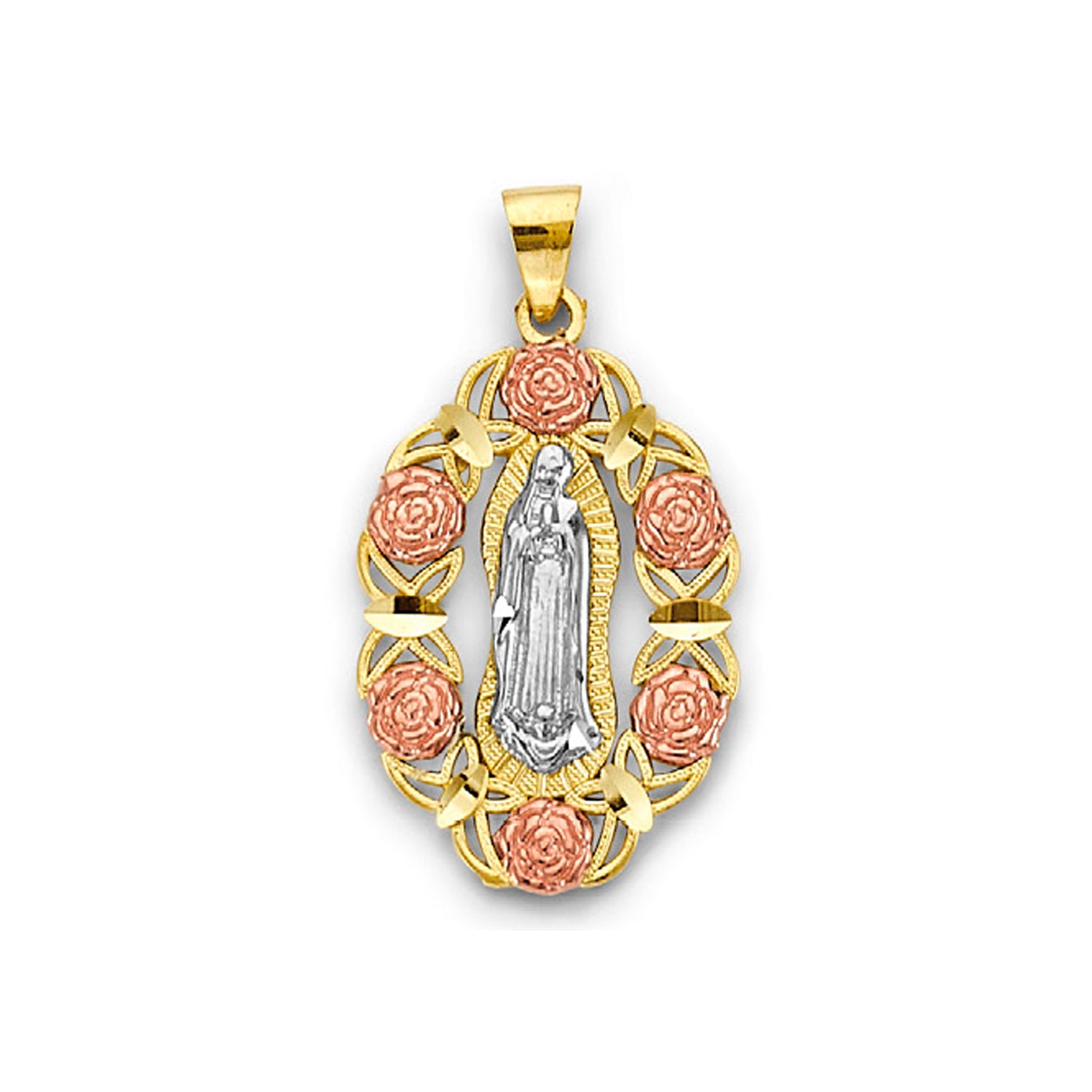 Tri Tone Floral Outline Open Virgin Mary Pendant