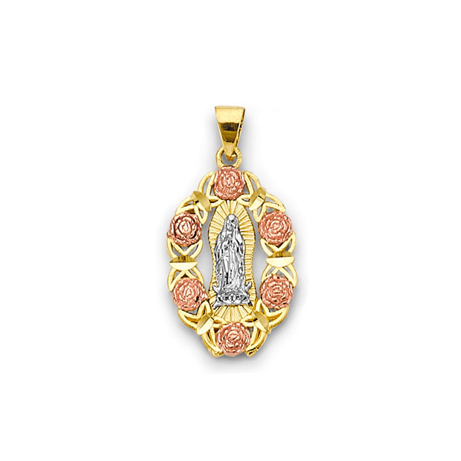 Tri Tone Floral Outline Open Virgin Mary Pendant