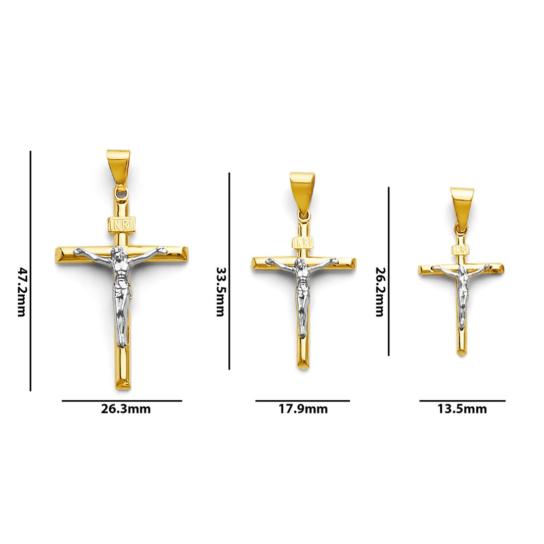 Two Tone Gold INRI Crucifix Cross Pendant with Measurement