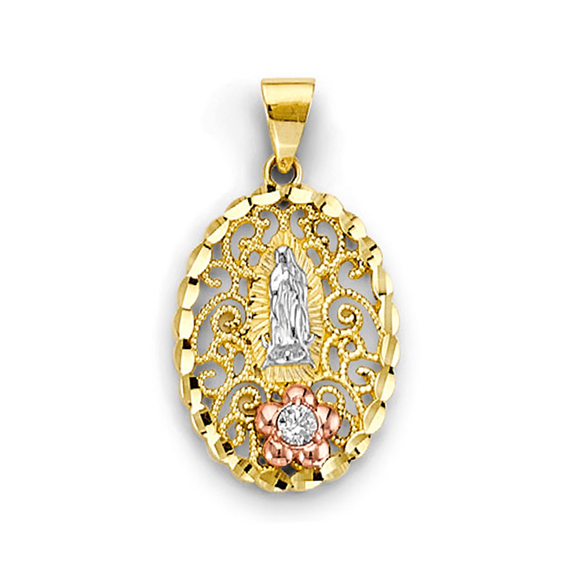 Tri Tone Gold Our Lady of Guadalupe Floral Religious Pendant