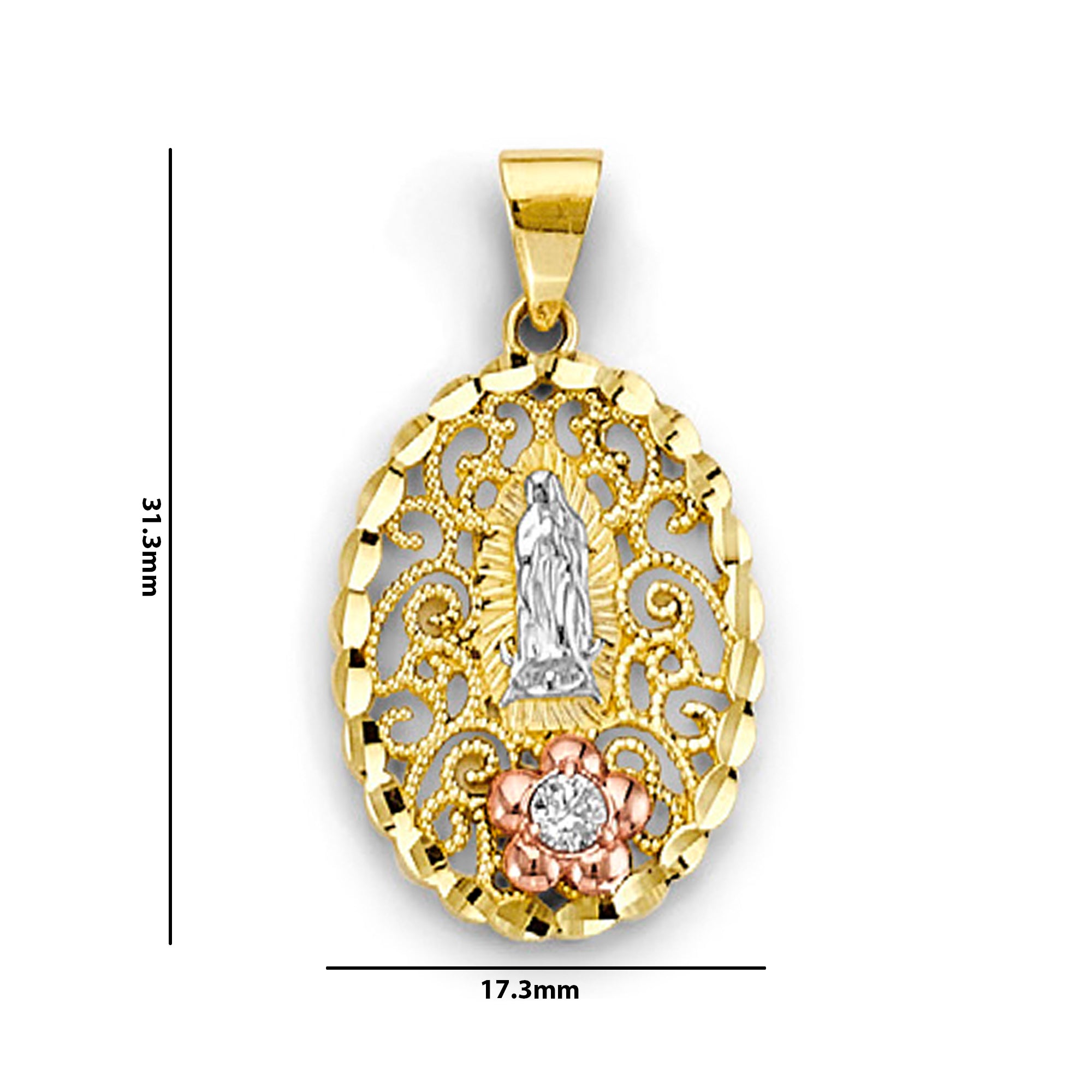 Tri Tone Gold Our Lady of Guadalupe Floral Religious Pendant with Measurement