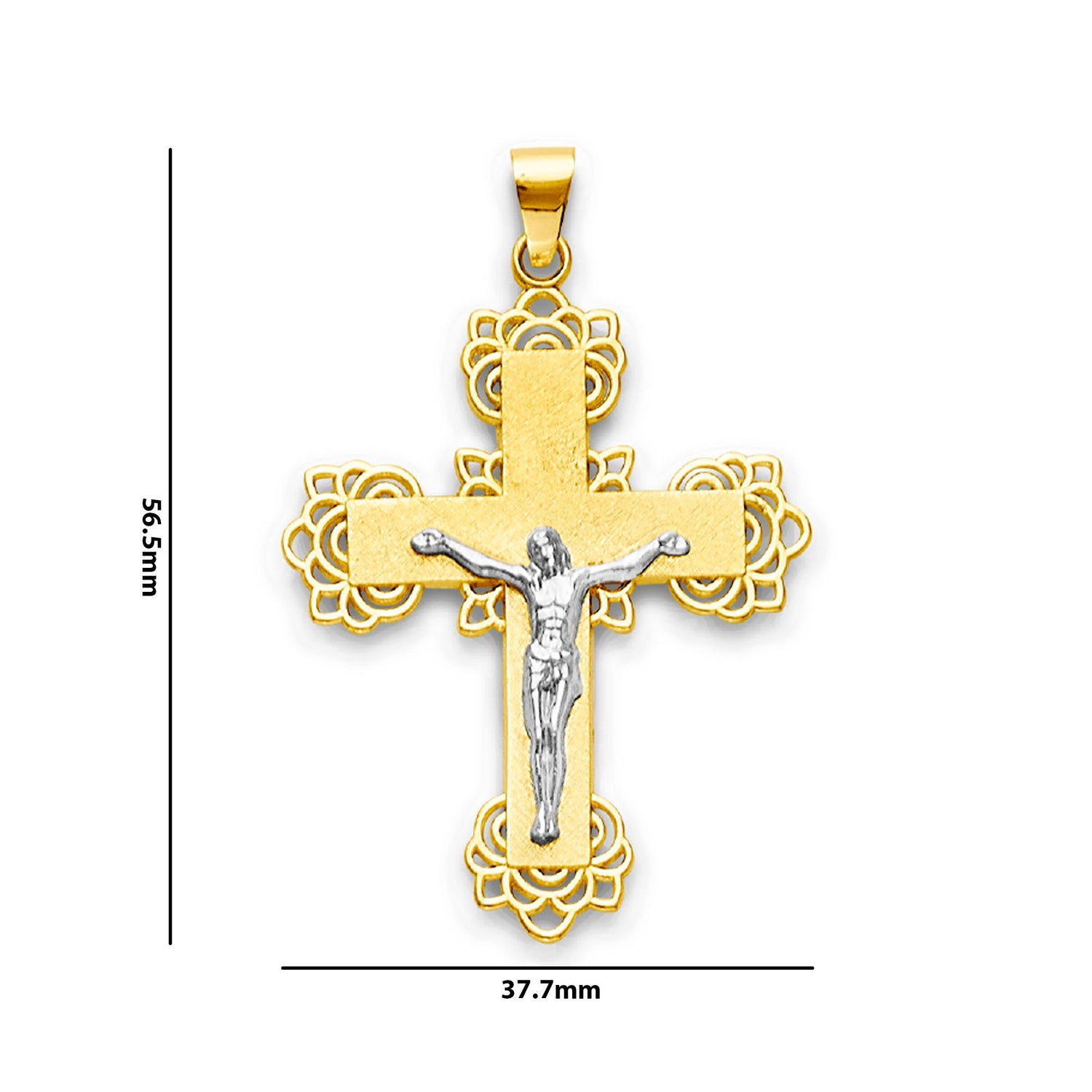 Two Tone Gold Filigree Accented Crucifix Cross Pendant with Measurement