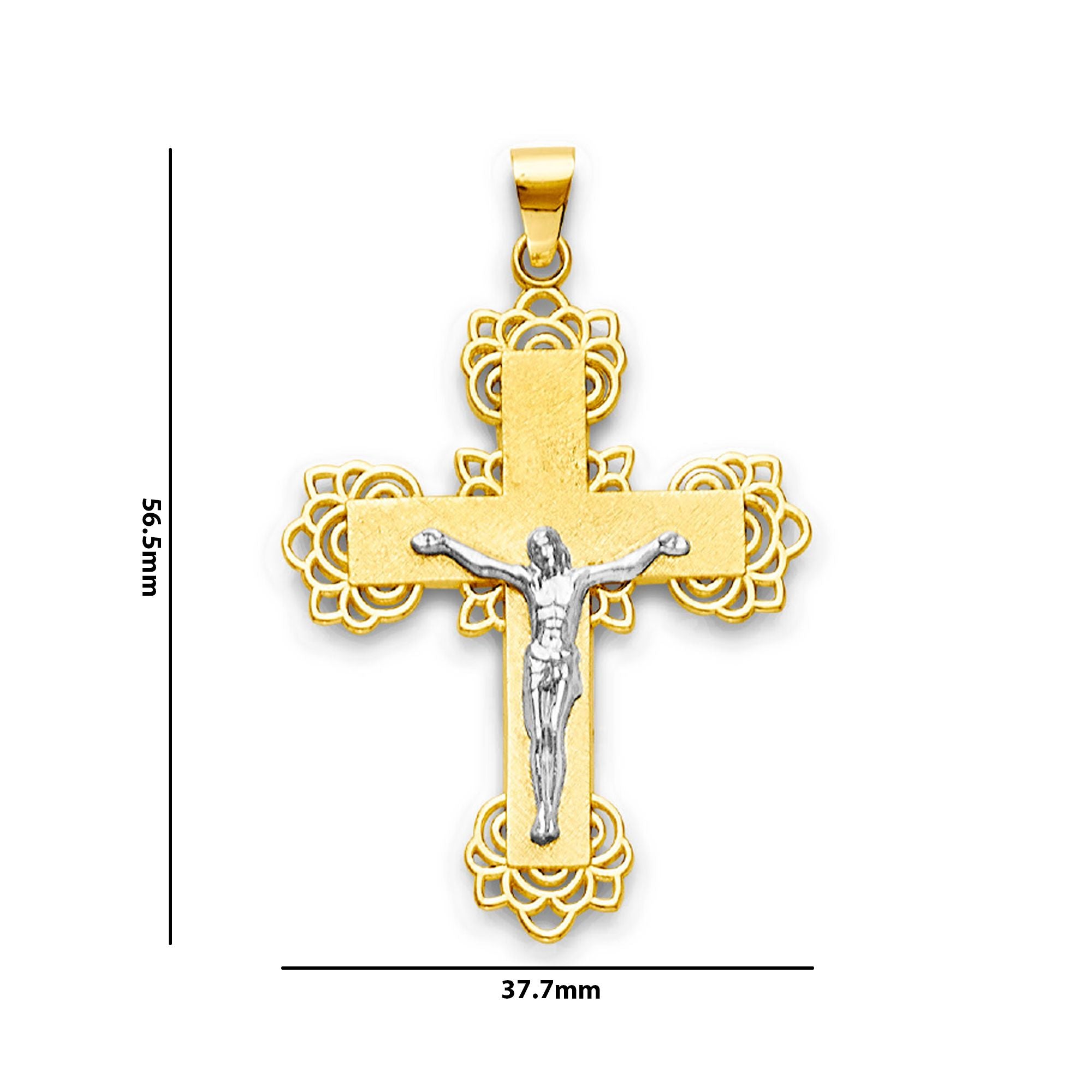 Two Tone Gold Filigree Accented Crucifix Cross Pendant with Measurement