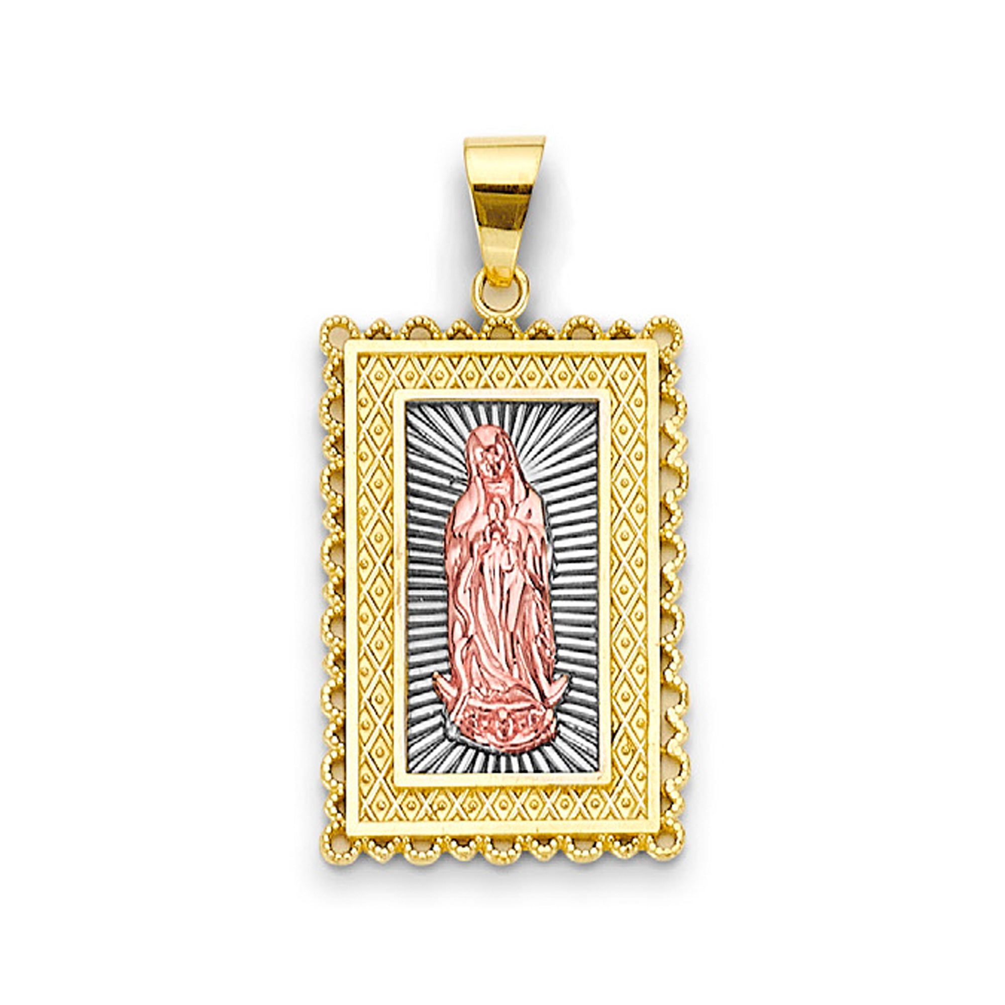 Tri Tone Gold High-Polished Lady of Guadalupe Rectangle Pendant