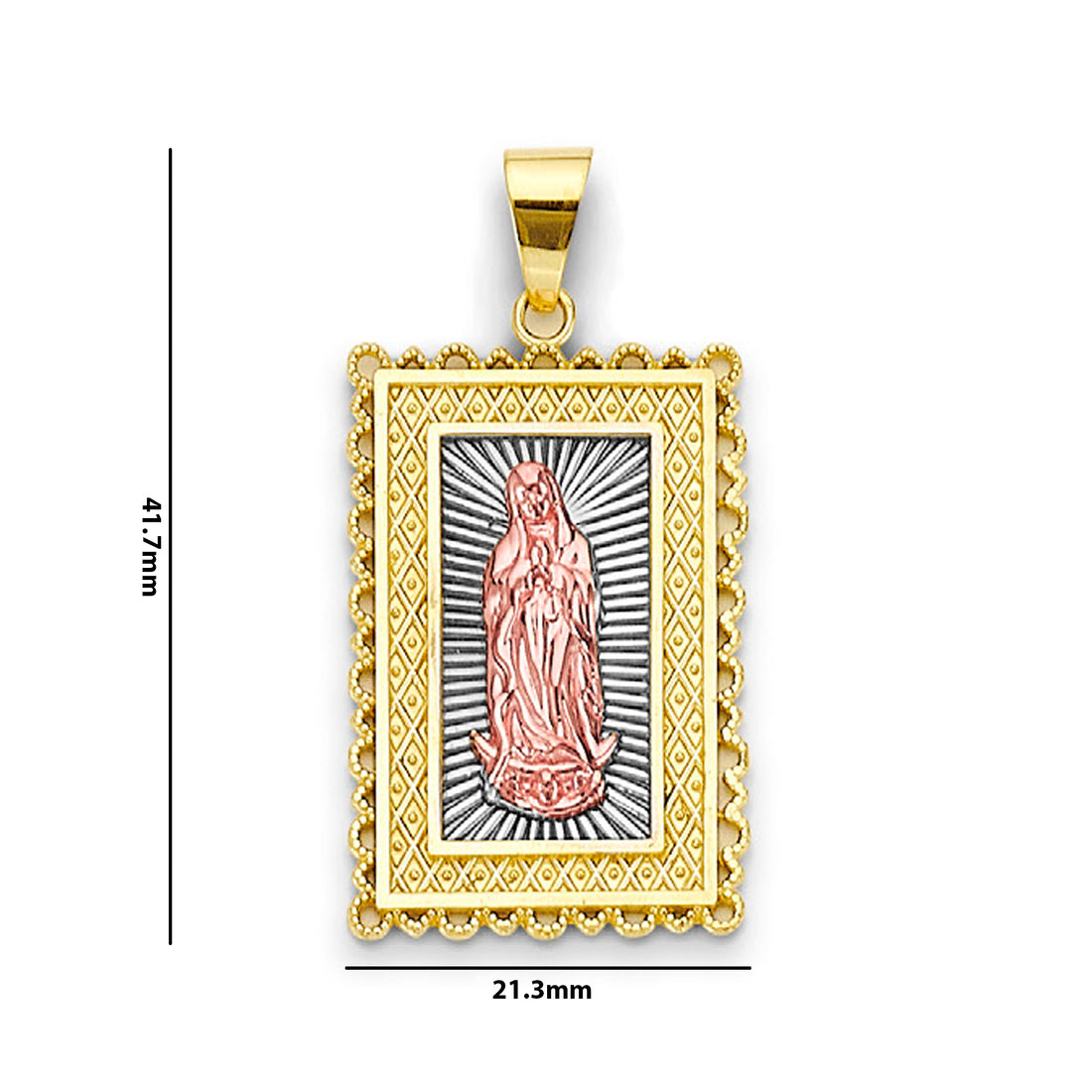 Tri Tone Gold High-Polished Lady of Guadalupe Rectangle Pendant with Measurement