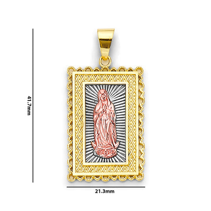 Tri Tone Gold High-Polished Lady of Guadalupe Rectangle Pendant with Measurement