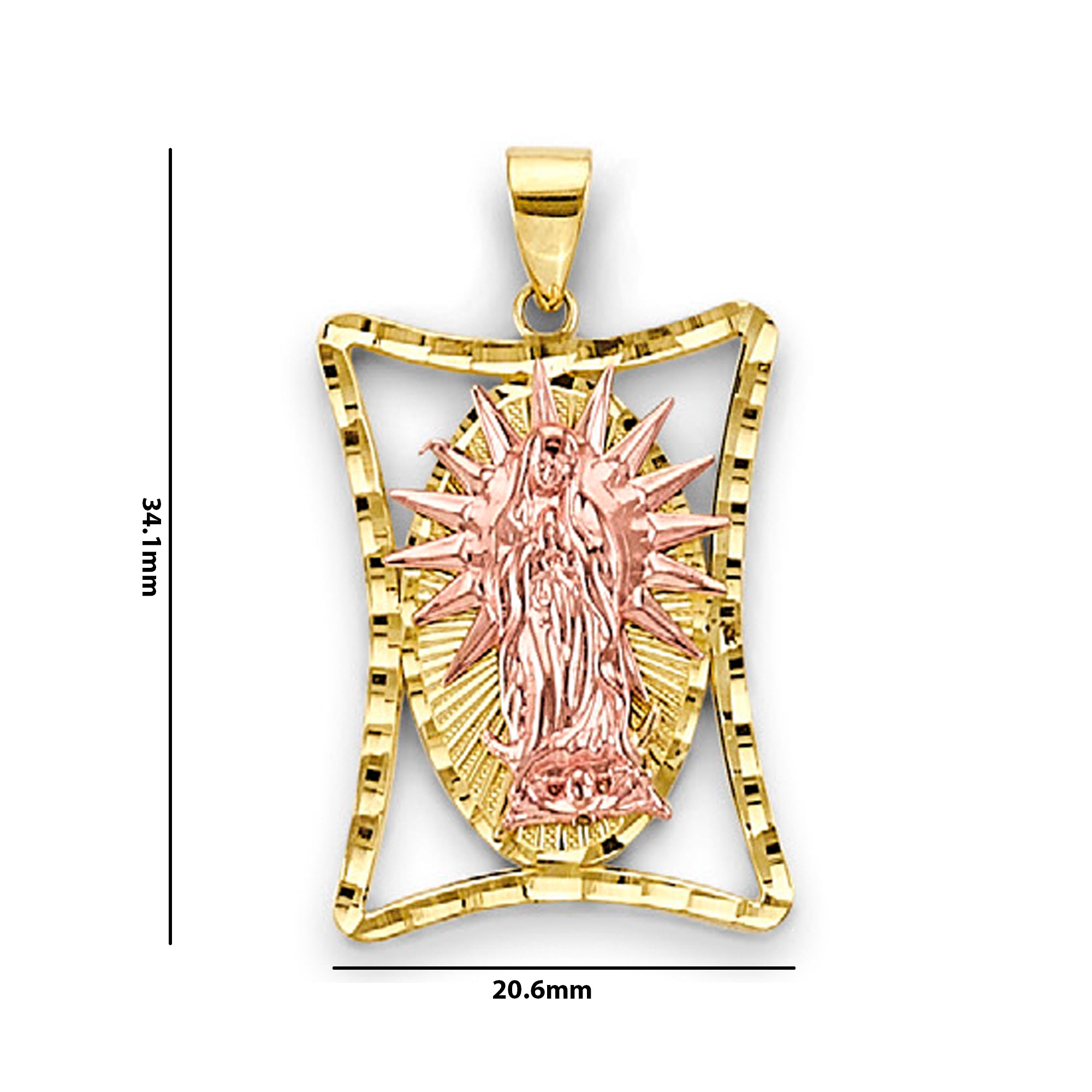 Two Tone Gold High-Polished Lady of Guadalupe Pendant with Measurement