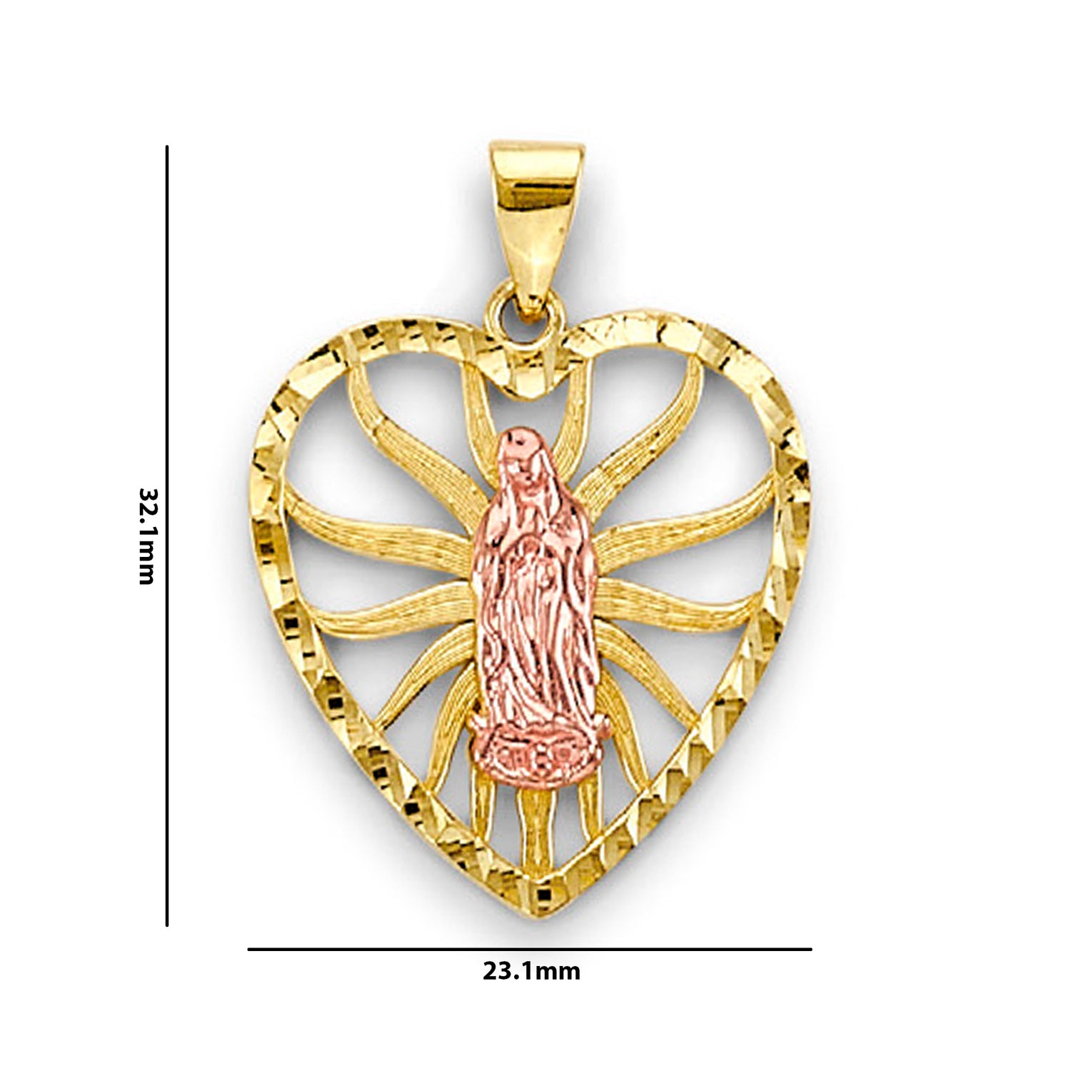 Two Tone Gold Opend Heart Virgin Mary Pendant with Measurement