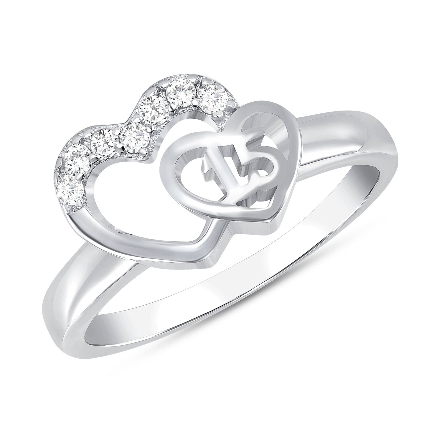 925 Sterling Silver Round CZ Double Heart Quinceañera Ring