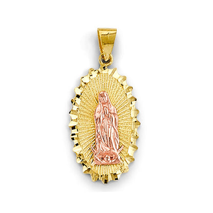 Two Tone Gold Oval Textured Religious Virgin Mary Pendant
