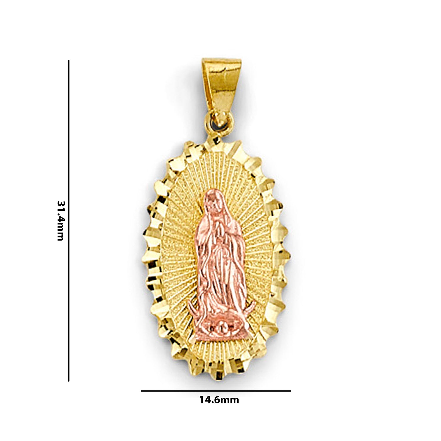 Two Tone Gold Oval Textured Religious Virgin Mary Pendant with Measurement