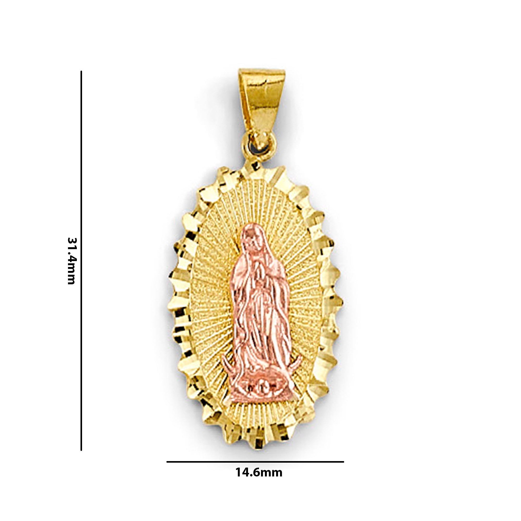 Two Tone Gold Oval Textured Religious Virgin Mary Pendant with Measurement