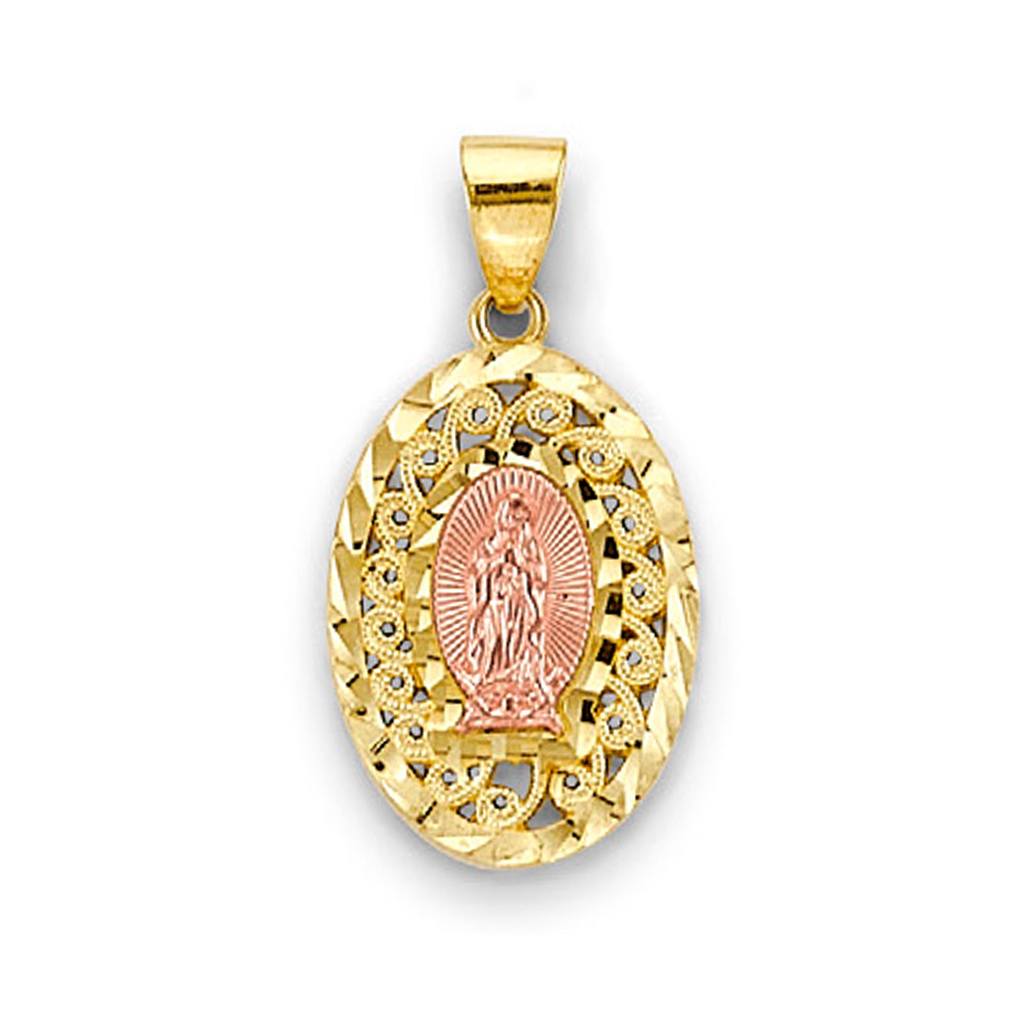 Two Tone Gold Delicate Oval Lady of Guadalupe Religious Pendant 