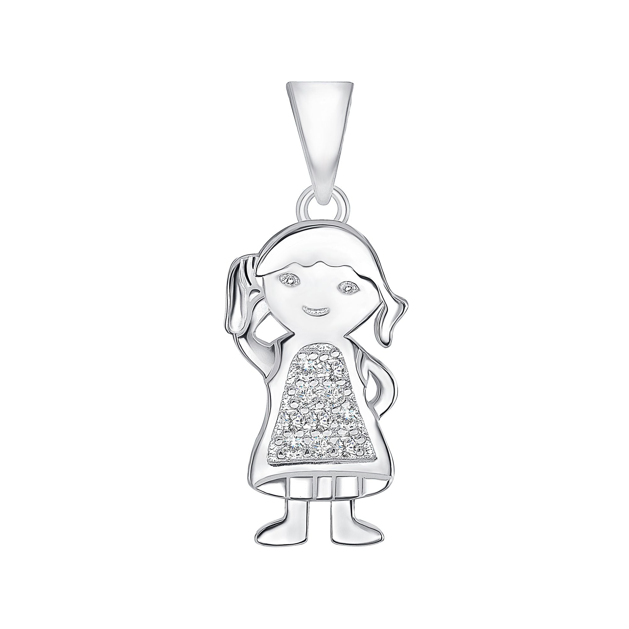 925 Sterling Silver Kid with Pigtails &amp; CZ Studded Dress Pendant