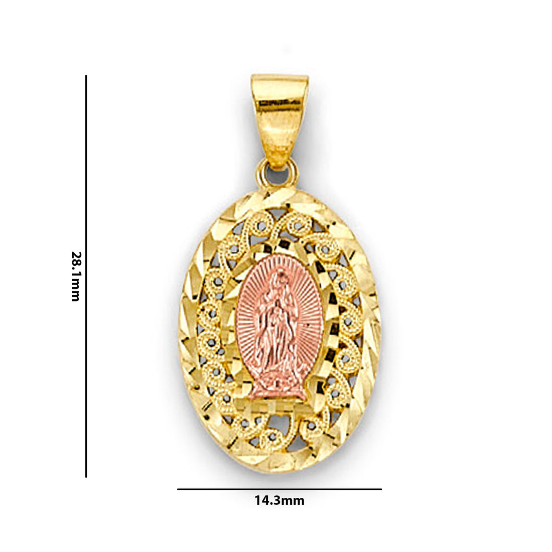 Two Tone Gold Delicate Oval Lady of Guadalupe Religious Pendant  with Measurement