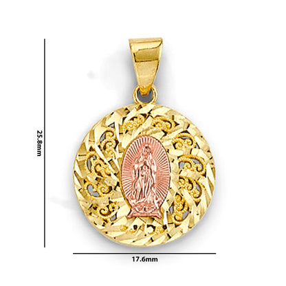 Two Tone Gold Delicate Medallion Lady of Guadalupe Pendant with Measurement