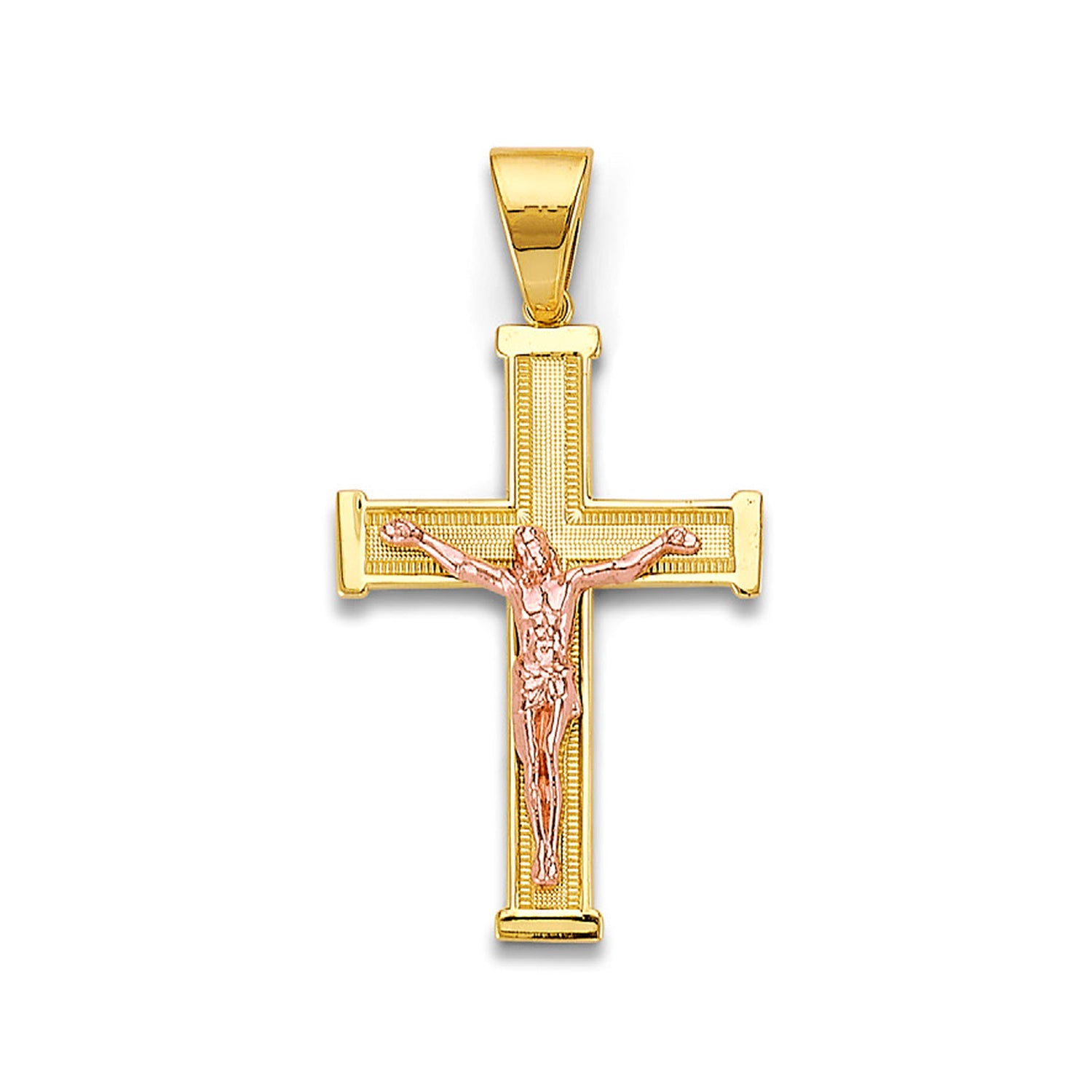 Two Tone Gold Milgrain &amp; Thick Bordered Ends Crucifix Cross Pendant