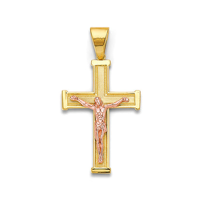 Two Tone Gold Milgrain &amp; Thick Bordered Ends Crucifix Cross Pendant