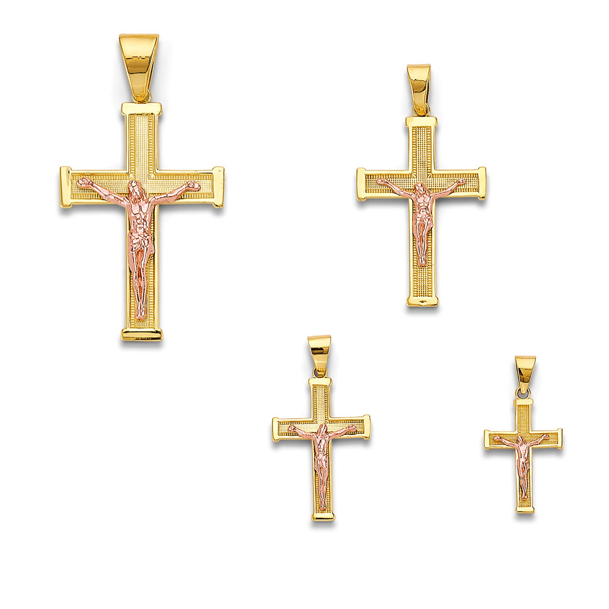 Two Tone Gold Milgrain &amp; Thick Bordered Ends Crucifix Cross Pendant