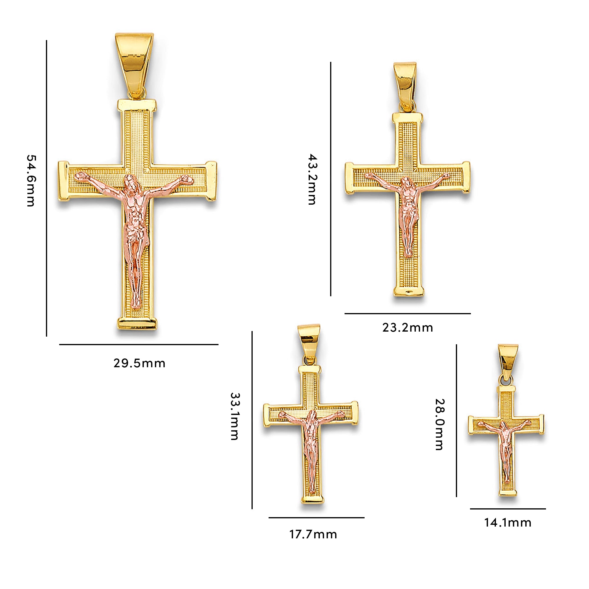 Two Tone Gold Milgrain &amp; Thick Bordered Ends Crucifix Cross Pendant