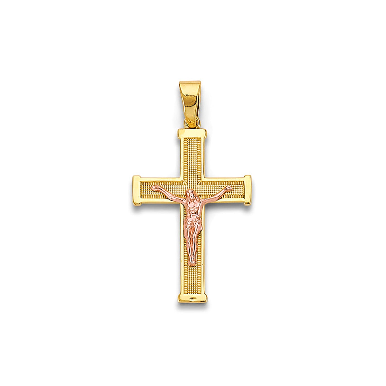 Two Tone Gold Milgrain &amp; Thick Bordered Ends Crucifix Cross Pendant