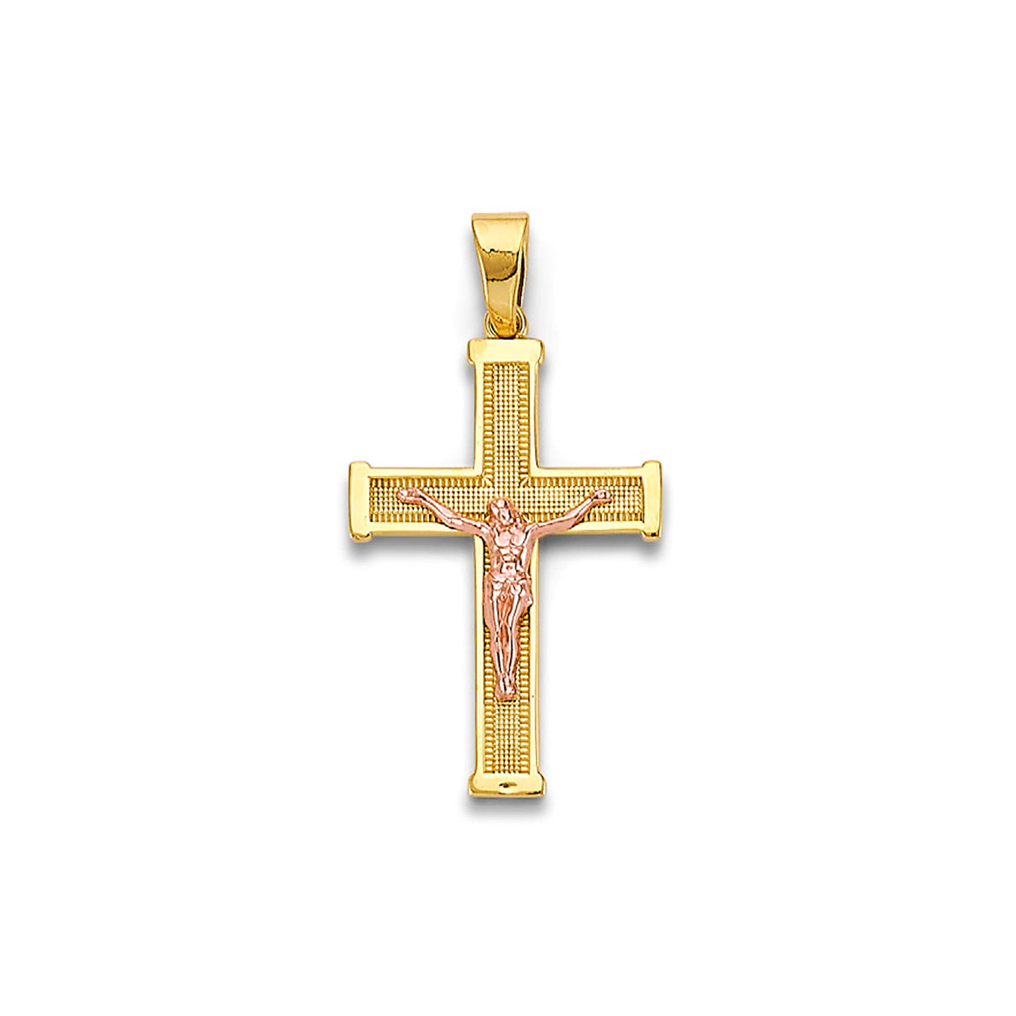 Two Tone Gold Milgrain &amp; Thick Bordered Ends Crucifix Cross Pendant