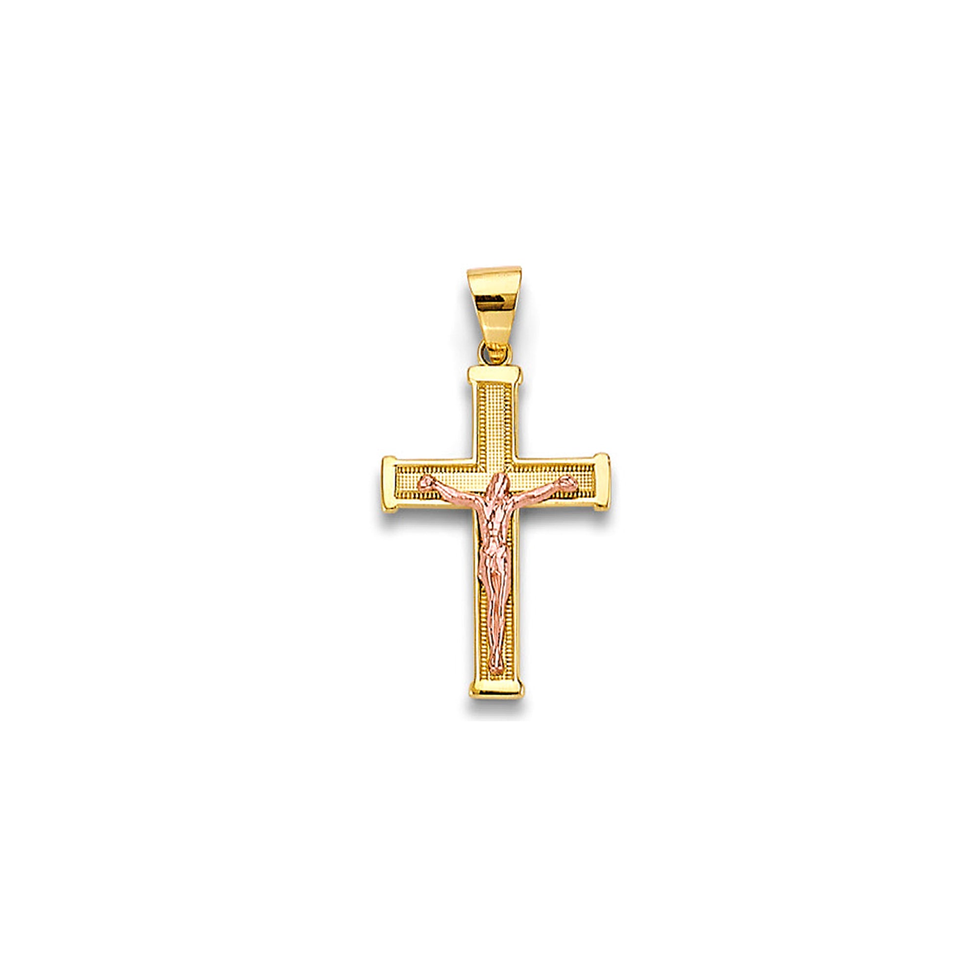 Two Tone Gold Milgrain &amp; Thick Bordered Ends Crucifix Cross Pendant