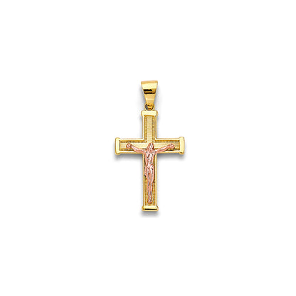 Two Tone Gold Milgrain &amp; Thick Bordered Ends Crucifix Cross Pendant