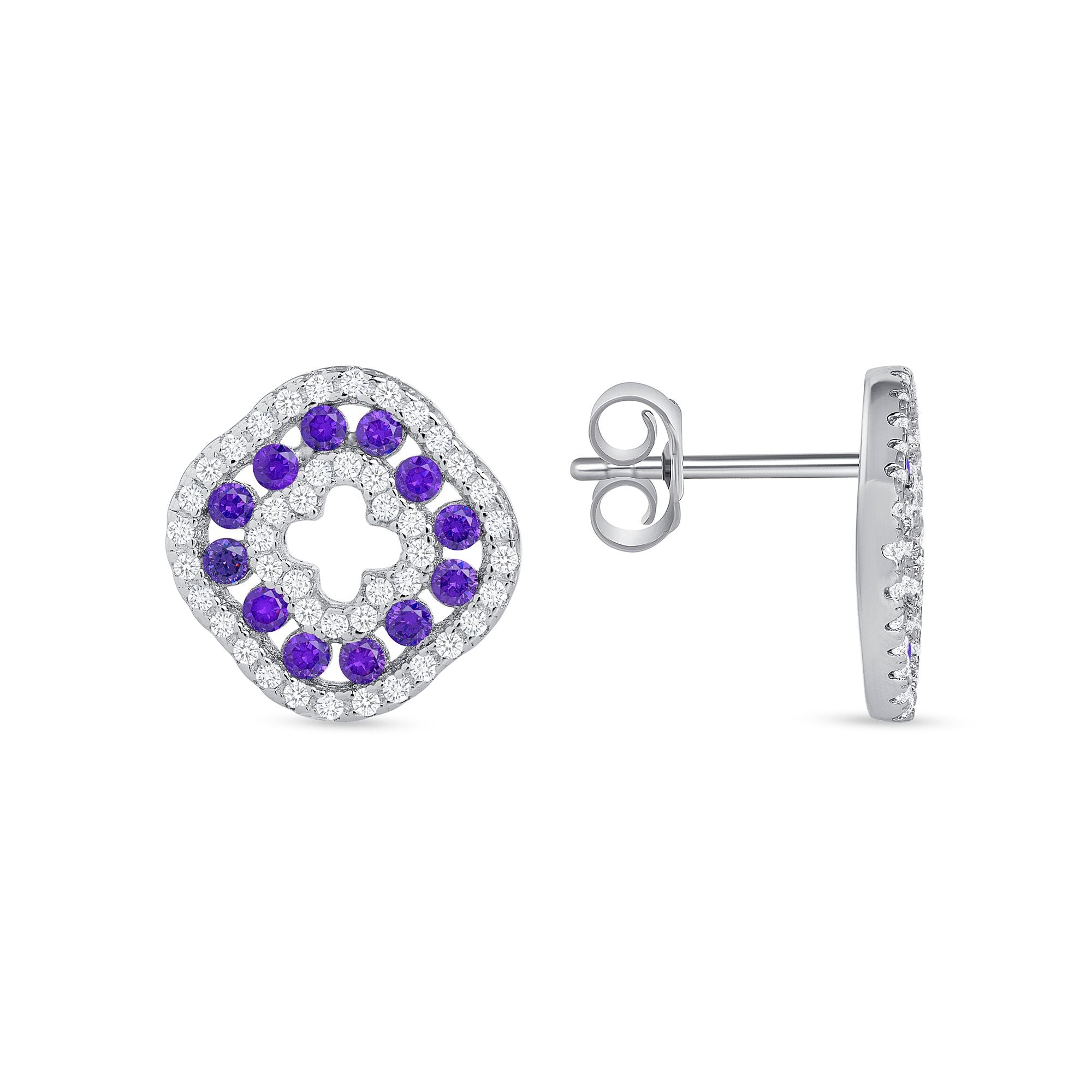 925 Sterling Silver Round Cut Purple &amp; White CZ Alternating Rows Square Clover Pendant &amp; Stud Earrings Jewelry Set