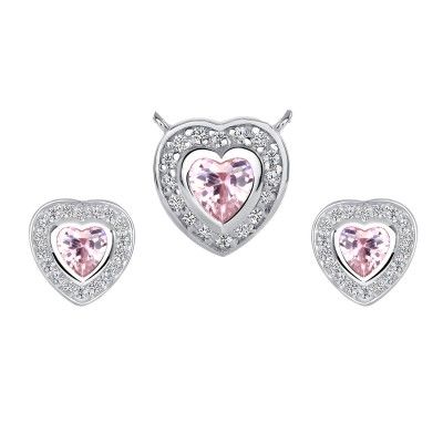 925 Sterling Silver Heart Cut Pink CZ with Round Cut White CZ Halo Pendant &amp; Stud Earrings Jewelry Set