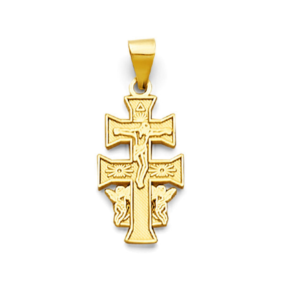 Yellow Gold Patriarchal Side-Facing Crucifix Cross &amp; Angels Pendant