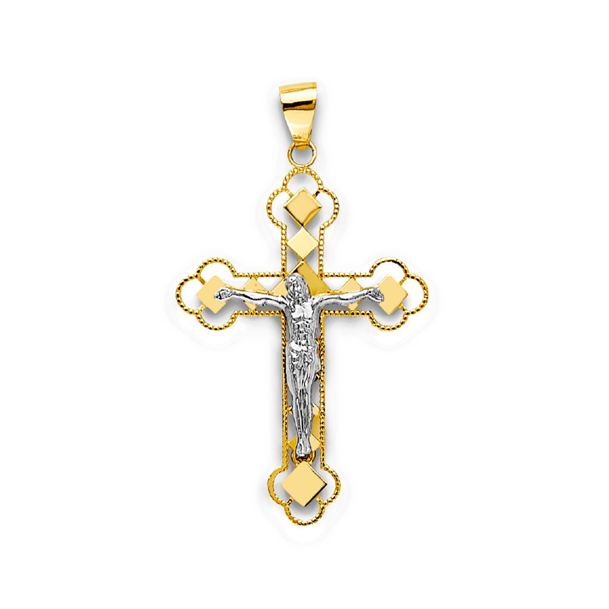 Two Tone Gold Diamond Shaped Cutouts Milgrain Bordered Trefoil Crucifix Cross Pendant