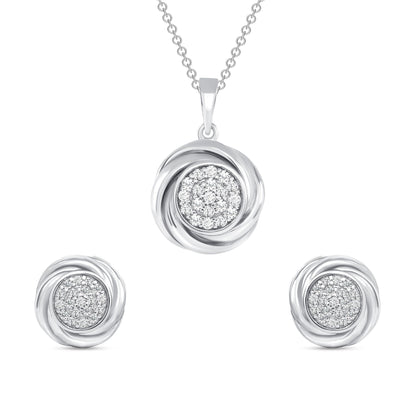 925 Sterling Silver Round CZ Cluster with Swirl Border Pendant &amp; Stud Earrings Jewelry Set