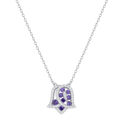 925 Sterling Silver Round Cut Purple &amp; White CZ Flower Pendant &amp; Stud Earrings Jewelry Set
