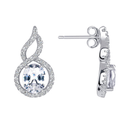 925 Sterling Silver Oval Cut White CZ with Twisted CZ Halo Teardrop Pendant &amp; Earrings Jewelry Set