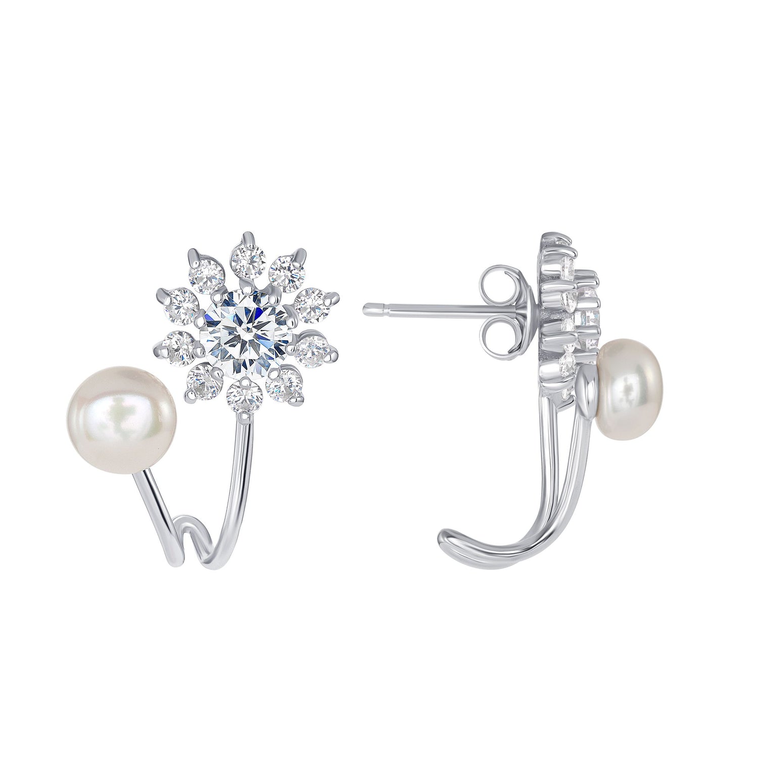 925 Sterling Silver Pearl and Flower Round CZ Stud Earrings