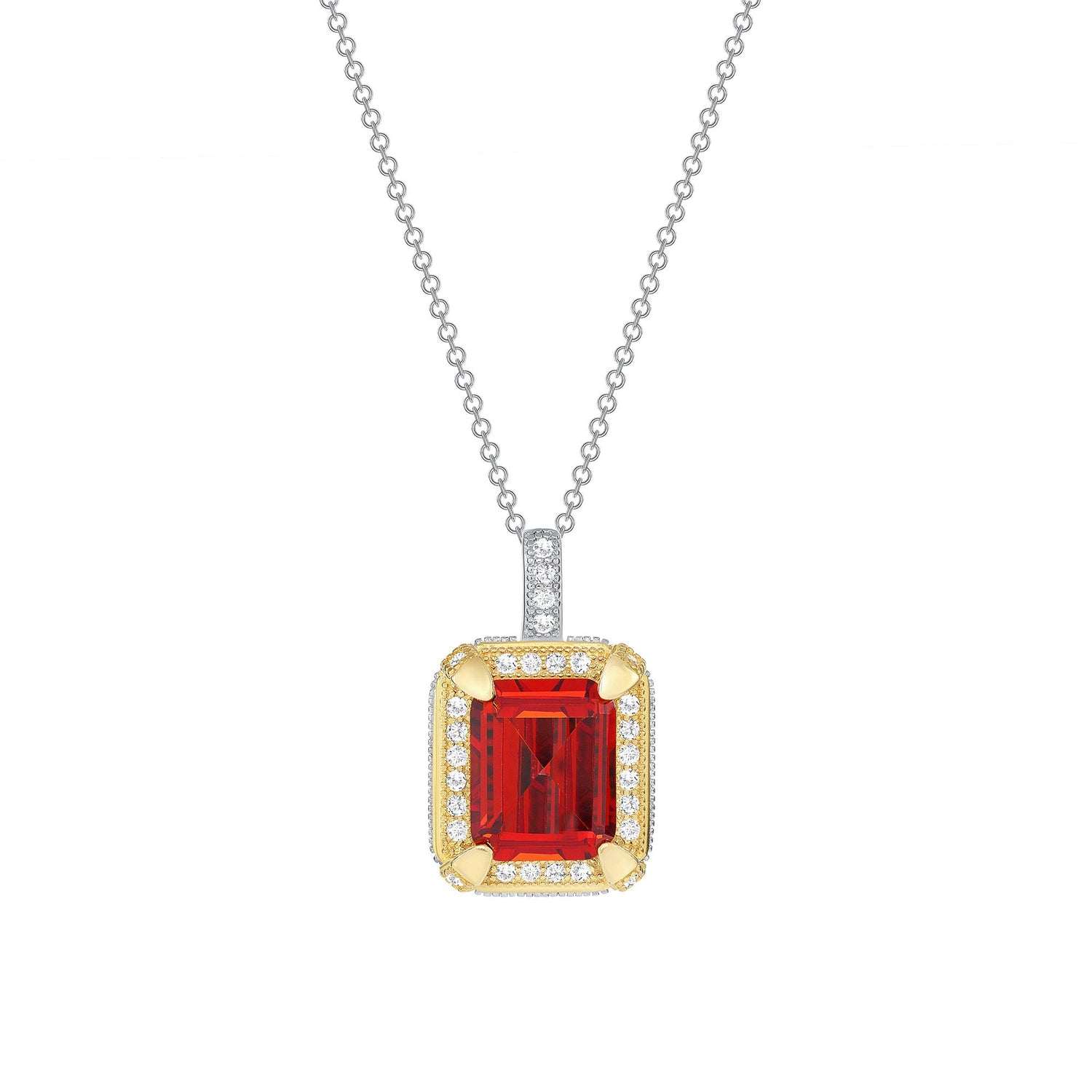 925 Sterling Silver Rectangular Cut Red CZ with Round Cut White CZ Halo &amp; Milgrain Border Two Tone Pendant &amp; Stud Earrings Jewelry Set