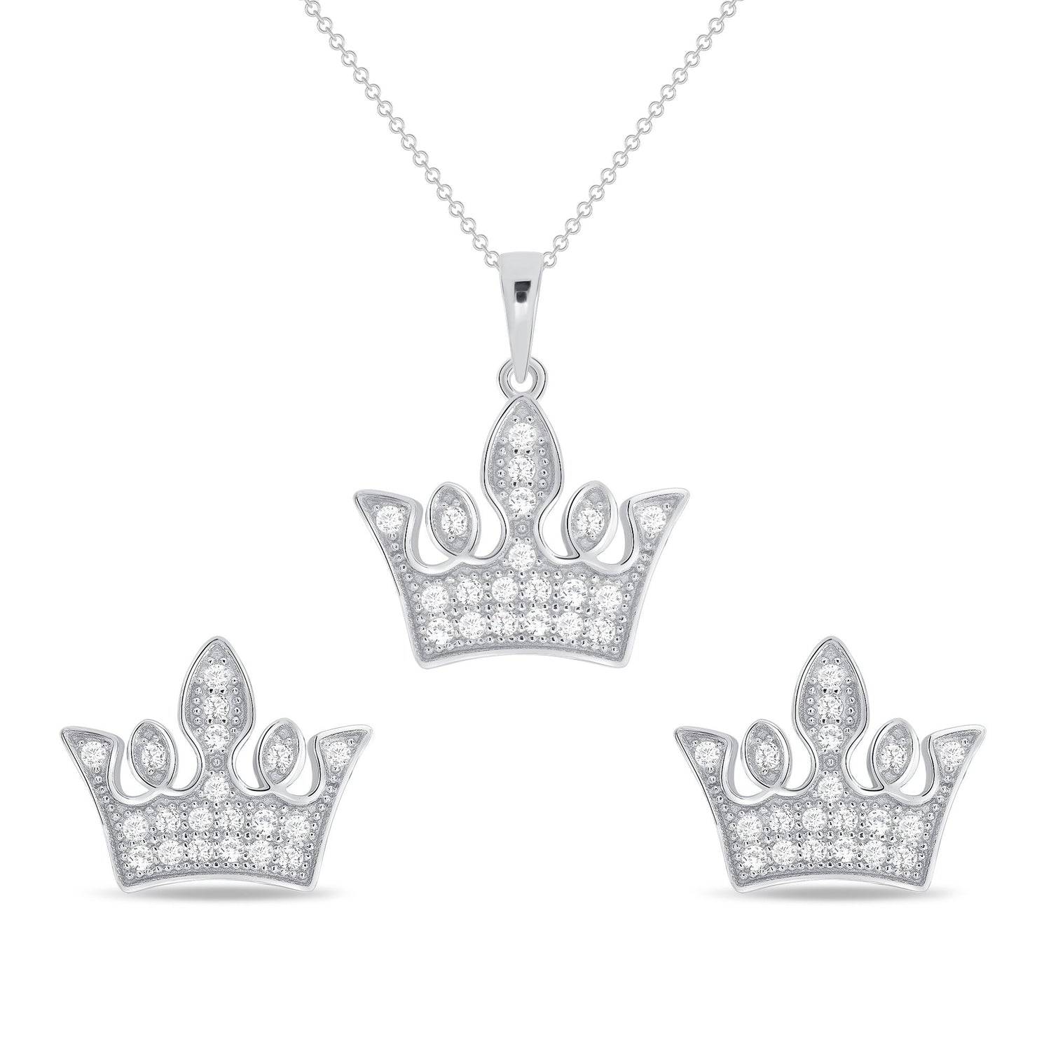 925 Sterling Silver Round Cut CZ Milgrain Crown Pendant &amp; Stud Earrings Jewelry Set