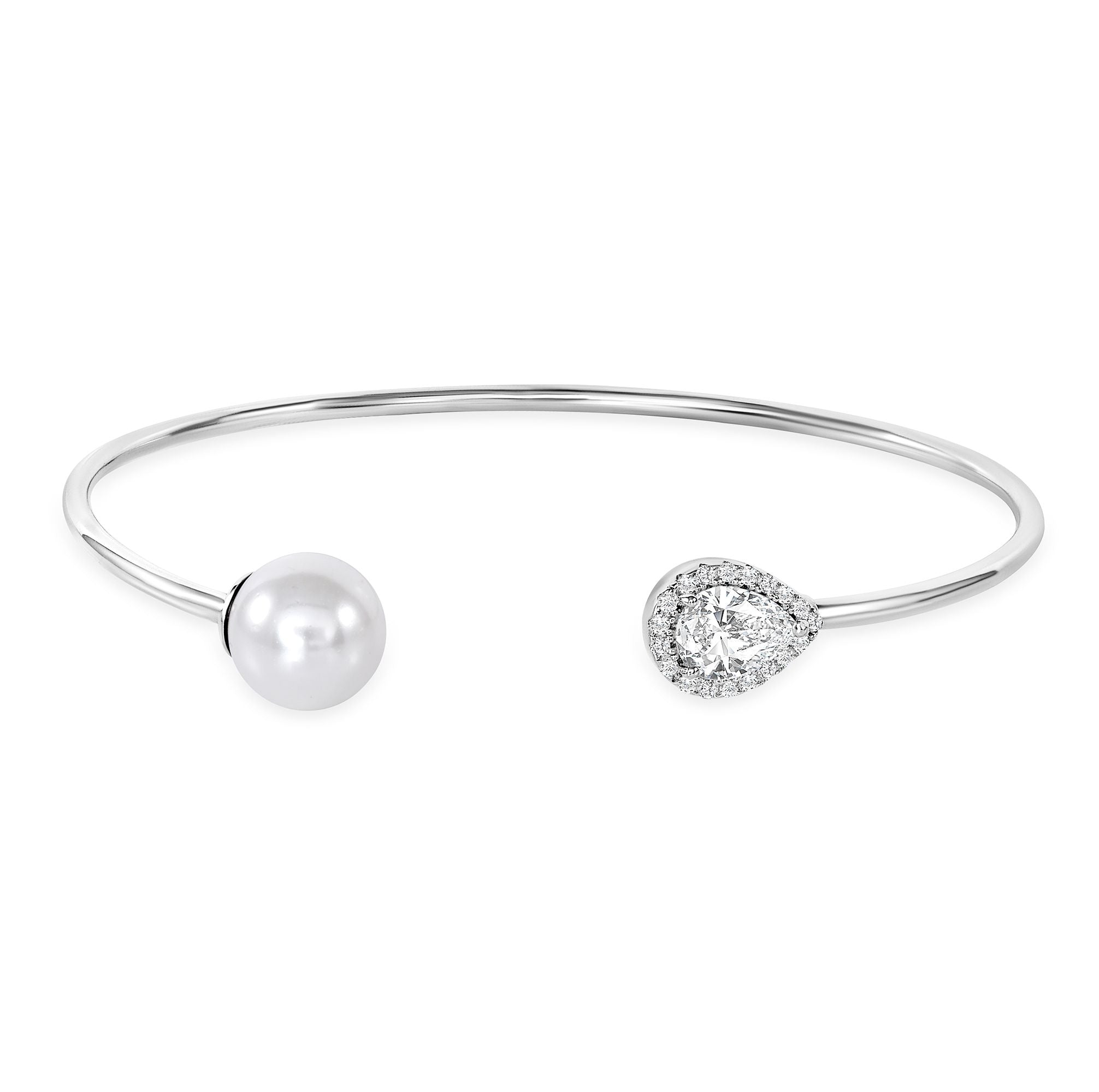 925 Sterling Silver Pear Cut CZ with Halo &amp; Pearl Ends Cuff Bracelet