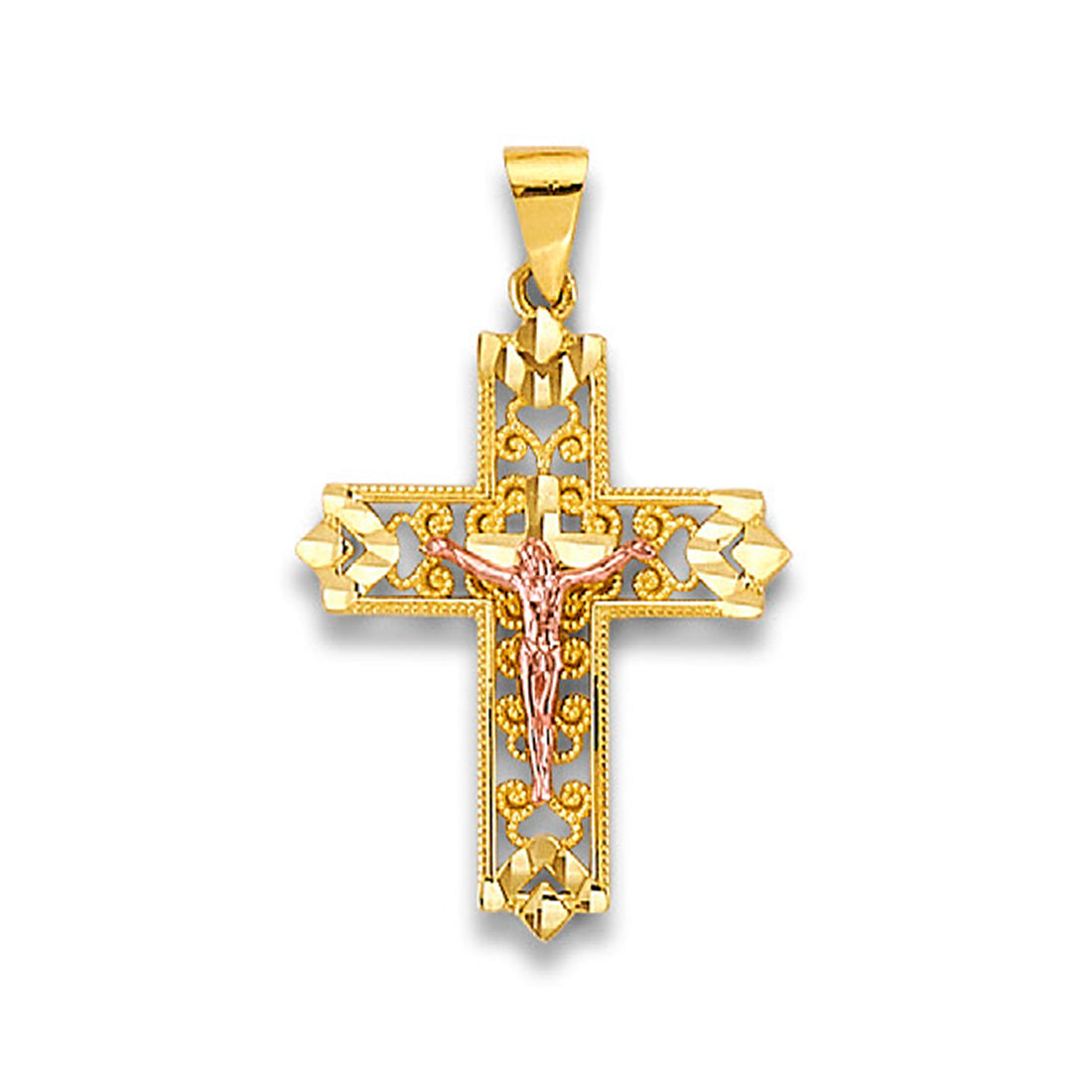 Two Tone Gold Diamond Cut Accented &amp; Milgrain Filigree Patonce Crucifix Cross Pendant