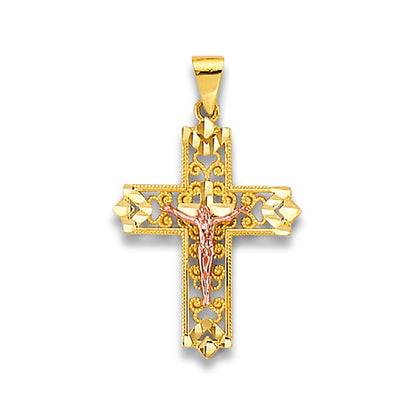 Two Tone Gold Diamond Cut Accented &amp; Milgrain Filigree Patonce Crucifix Cross Pendant