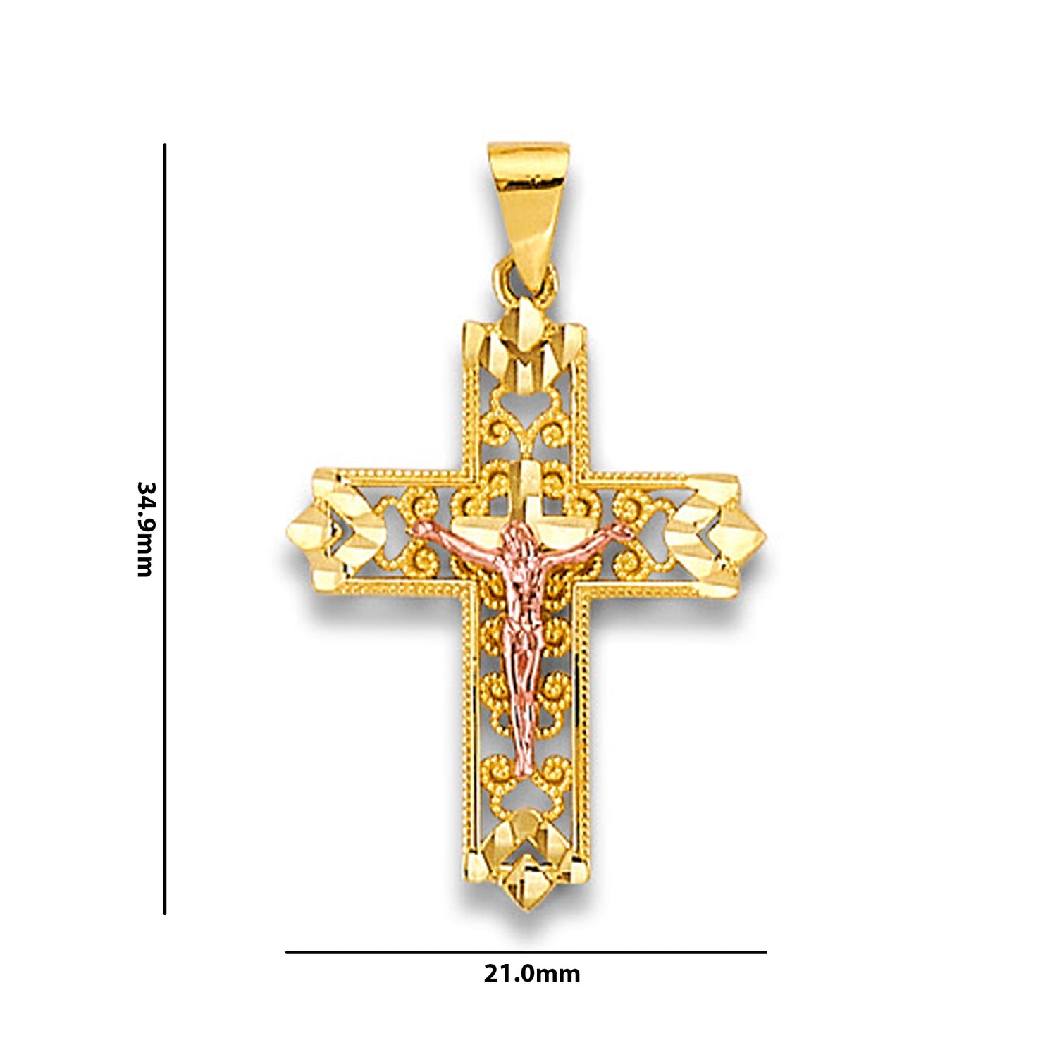 Two Tone Gold Diamond Cut Accented &amp; Milgrain Filigree Patonce Crucifix Cross Pendant with Measurement