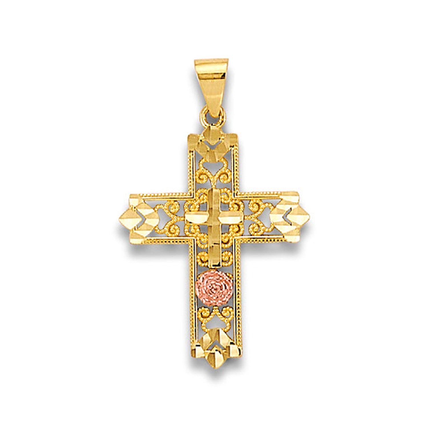 Two Tone Gold Diamond Cut Accented &amp; Milgrain Filigree with Rose Patonce Double Cross Pendant