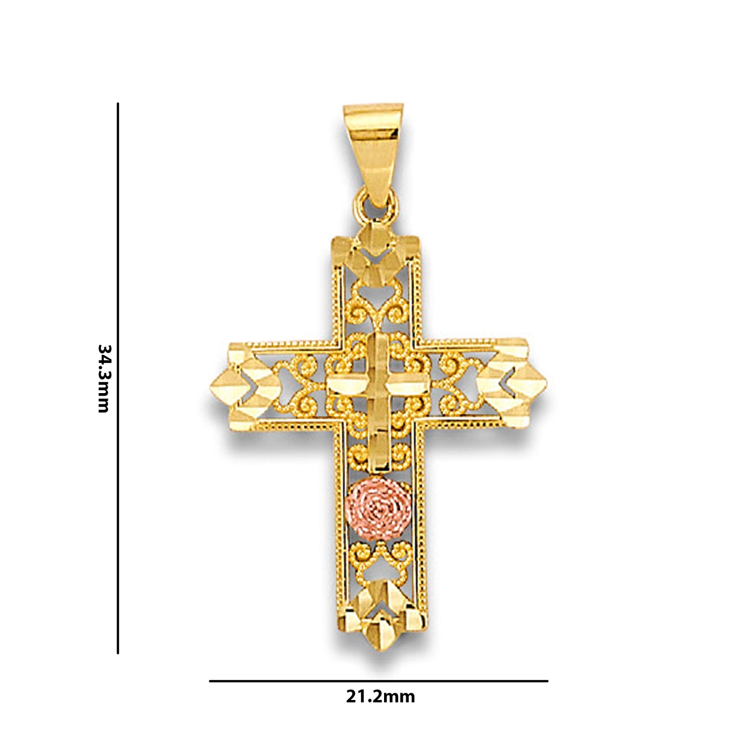 Two Tone Gold Diamond Cut Accented &amp; Milgrain Filigree with Rose Patonce Double Cross Pendant with Measurement