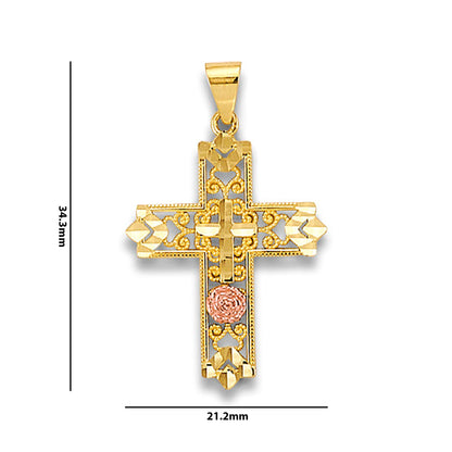 Two Tone Gold Diamond Cut Accented &amp; Milgrain Filigree with Rose Patonce Double Cross Pendant with Measurement