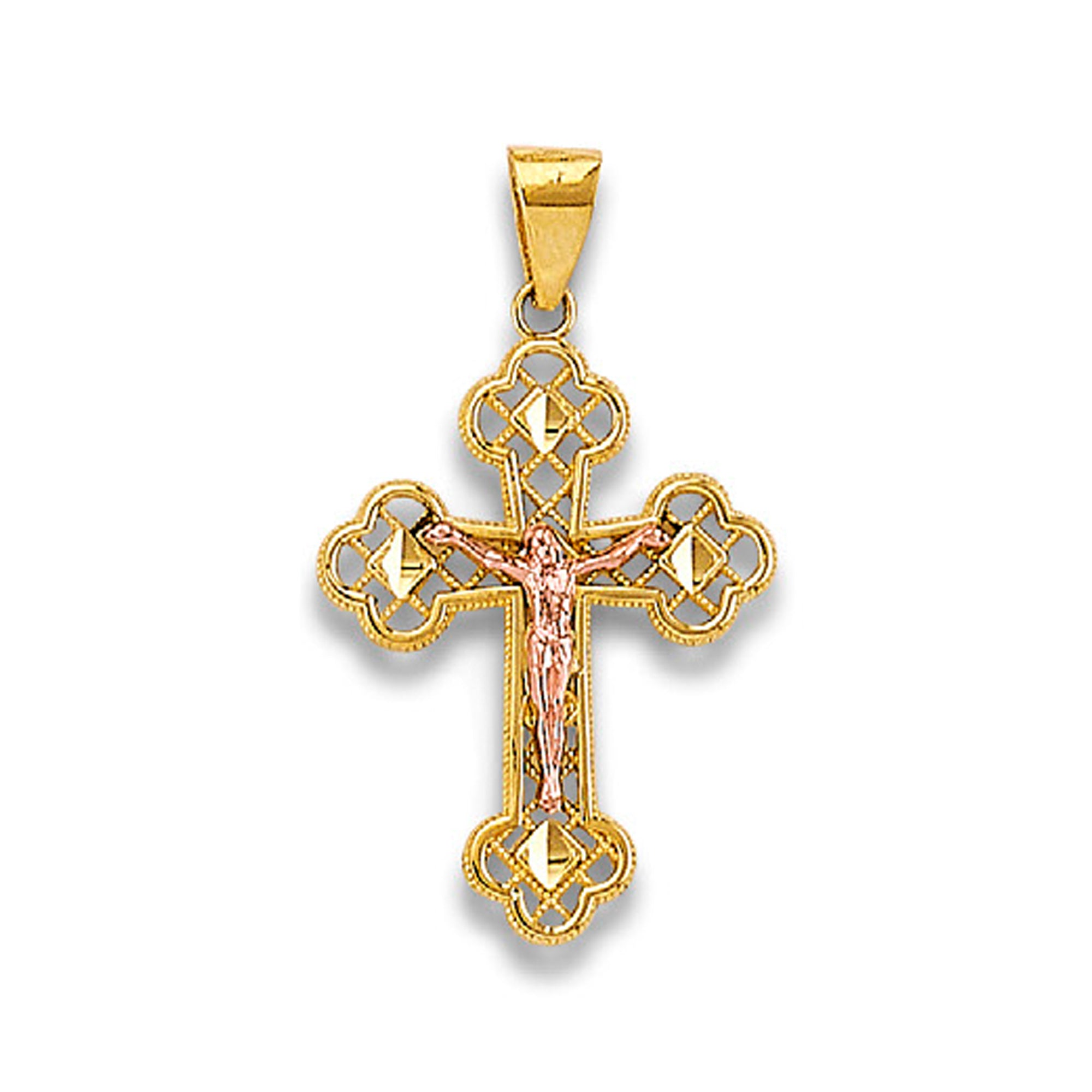 Two Tone Gold Milgrain Lattice with Diamond Cut Accents Trefoil Crucifix Cross Pendant